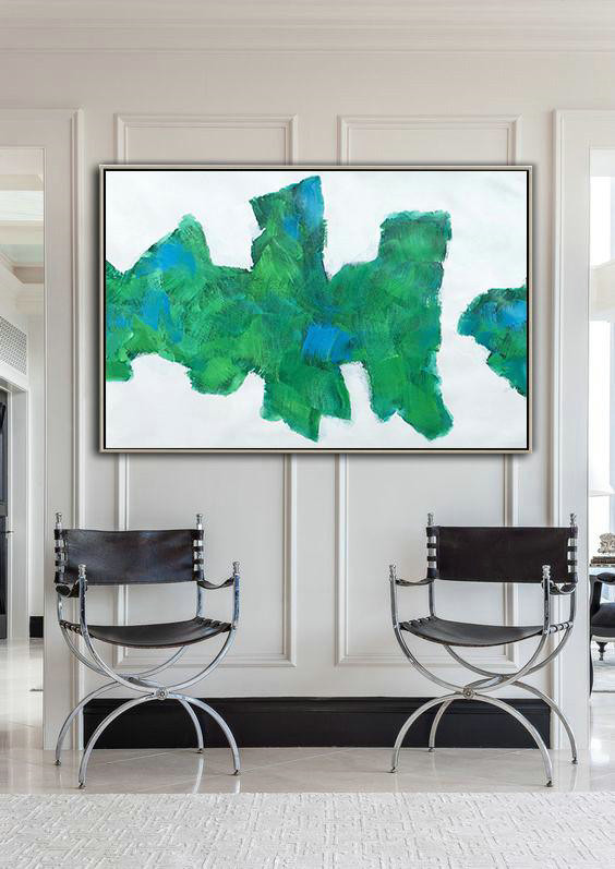 Large Abstract Painting Canvas Art,Horizontal Abstract Landscape Art,Hand Painted Original Art,White,Green,Blue.etc